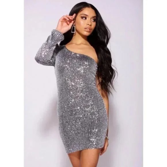Silver Sequins Long Sleeve One Shoulder Bodycon Mini Dress - Picture 8 of 15